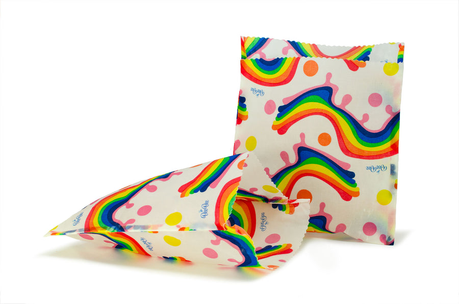 Sandwich bags, reusable beeswax. Rainbow pattern on a white background