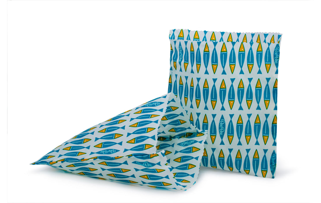 Sandwich bags, reusable beeswax wraps. Sardine pattern, white background