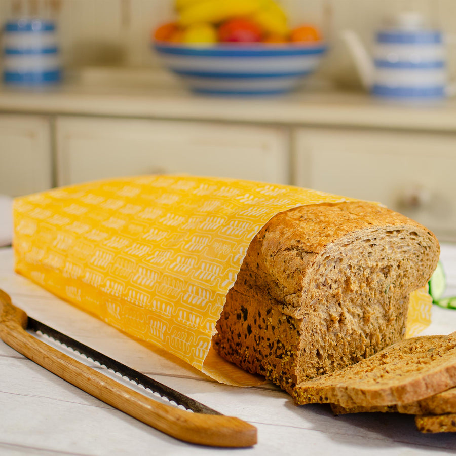 beeswax bread bag with a loaf of bread