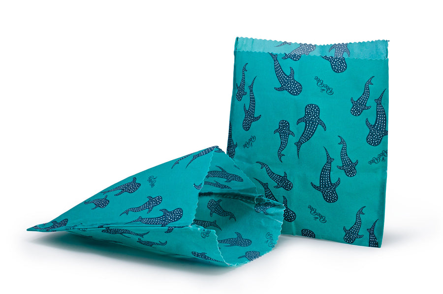 Sandwich bags, reusable beeswax wraps. Whale Shark pattern on a white background